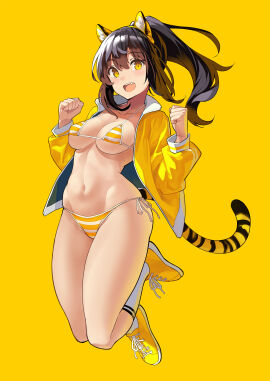 animal_ears bikini blush breasts brown_hair cleavage collarbone fake_animal_ears female hairband highres jacket kekemotsu kneehighs large_breasts long_hair long_sleeves looking_at_viewer navel open_clothes open_jacket open_mouth original ponytail shoes sidelocks smile socks solo striped_bikini striped_clothes swimsuit tail thighs tiger_ears tiger_girl tiger_stripes tiger_tail yellow_background yellow_bikini yellow_eyes yellow_jacket yellow_shoes