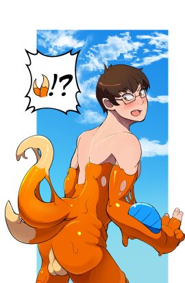 2_tails absurd_res anthro arm_fins ass backsack balls ballsack brown_hair buizel eyewear fangs fin generation_4_pokemon genitals glasses goo_transformation hair hi_res human human_to_pokemon looking_back male mammal mid-transformation multi_tail mustelid nintendo open_mouth otter perineum pokemon pokemon_(species) sharp_teeth sky_background slime solo speech_bubble standing tail teeth toshabi transformation