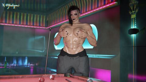 3d billiard_table black_lipstick black_nails cyberpunk_2077 hands_on_breasts looking_at_viewer muscular_futa teasing topless valerie_(cyberpunk_2077) veiny yeetiques