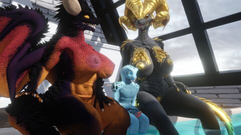 3d anthro breasts capcom digital_media_(artwork) dragon elder_dragon embarrassed female genitals group hand_on_leg hand_on_penis hand_on_tail hand_on_thigh hi_res kulve_(furromantic) larger_female lizardman lizardman_(whiteperson) looking_at_another male monster_hunter mythological_creature mythological_scalie mythology nergigante neridya_(furromantic) nipples nude nude_anthro nude_female nude_male penis pool poolside scalie size_difference smaller_male tail talking_to_another trio void_dragon216 wings