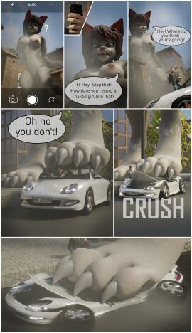 1boy 1girls 3d_(artwork) absurd_res anthro astrid_(nadinada) border breasts building building_destruction canid canine canis car cellphone clothed clothing comic crush destruction digital_media_(artwork) duo electronics english_text female foot_crush furry genitals hi_res human macro male mammal nadinada naked naked_female nipples nude nude_female outside paws phone pussy sequence size_difference smartphone snarling stomping text vehicle vulva white_border wolf wolf_girl