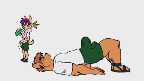 2025 2d_animation adult_(lore) animated anthro ass black_clothing black_footwear black_nose black_sandals blush blush_lines bottle bottomwear brown_body brown_ears brown_fur brown_hair brown_tail bulge canid canine canis charliepops clothed clothing container digital_media_(artwork) domestic_dog duo excited exercise footwear fur furry green_bottomwear green_clothing green_shorts hair holding_bottle holding_container holding_object live2d looking_at_another looking_at_bulge loop male male/male mammal purple_hair sandals shirt shoes shorts simple_background size_difference t-shirt tail thrusting topwear towel towel_around_neck white_background white_clothing white_shirt white_t-shirt white_topwear