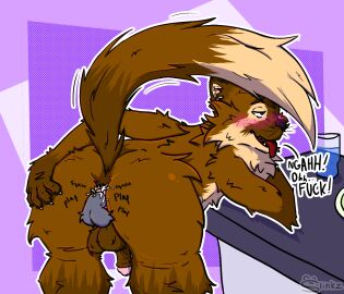 anthro anus aspen_(slinkzstinkz) ass bodily_fluids cum cum_inside disembodied_penis duo faceless_character faceless_male furniture genital_fluids genitals gulonine hi_res leaning male male/male mammal marten mustelid musteline nude penis pine_marten sex slinkzstinkz sound_effects table tail text