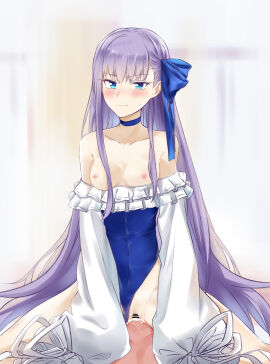 1boy absurdres bar_censor bare_shoulders blue_eyes blue_ribbon blush breasts censored choker clothed_female_nude_male clothed_sex clothing_aside coffeekite collarbone cowgirl_position cum cum_in_pussy fate/grand_order fate_(series) female frilled_one-piece_swimsuit frills hair_ribbon highleg highleg_swimsuit highres long_hair long_sleeves looking_at_viewer male meltryllis meltryllis_(swimsuit_lancer)_(fate) meltryllis_(swimsuit_lancer)_(second_ascension)_(fate) nipples nude off-shoulder_one-piece_swimsuit off_shoulder one-piece_swimsuit puffy_sleeves purple_hair pussy ribbon sex sleeves_past_fingers sleeves_past_wrists small_breasts straddling straight swimsuit swimsuit_aside thighs vaginal_penetration very_long_hair white_ribbon