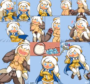 1boy 1girls aged_up big_breasts blue_eyes blush boob_window book bowtie breasts cookie cookie_run covering_breasts covering_crotch covering_self cream_puff cream_puff_cookie cum cum_in_pussy dubious_consent female flag_(artist) full_body gingerbrave hearts_in_eyes huge_breasts large_breasts laying_down male nude older penis pussy tagme twitch_lines twitching white_hair