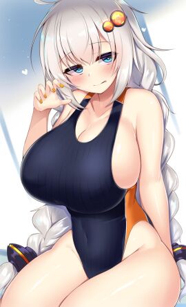 big_breasts blue_eyes breasts female kizuna_akari pov swimsuit thick_thighs twintails vocaloid voiceroid white_hair