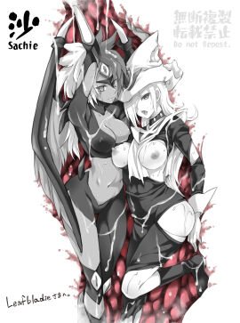 1other 2girls ambiguous_gender artist_name breasts cesar_(cesalion) cum cum_on_body demon_wings duel_monster female gloves hat highres hip_vent long_hair looking_at_viewer multiple_females multiple_girls navel nipples signature silent_magician torn_clothes white_gloves white_hat wings wizard_hat yu-gi-oh! yubel