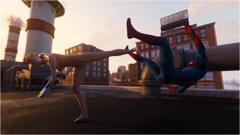 3d completely_naked completely_nude female femdom futuristic_gun guns kicking marvel marvel_comics nude nude_female nude_mod peter_parker silver_hair silver_sable silver_sable_(insomniac) silver_sablinova spider-man spider-man_(insomniac) spider-man_(ps4) spider-man_(series)