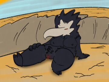 1girls 2024 big_breasts breasts desert female female_only fluffy greenthingy hi_res lying lying_on_back nuclear_throne pussy raven raven_(nuclear_throne) red_eyes sitting sleeping solo thick_thighs thighs
