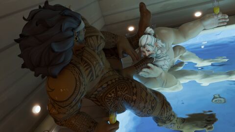 2boys 3d 3d_(artwork) 3d_model bara black_hair blandwich blizzard_entertainment gay gay_blowjob gay_interracial gay_oral interracial interracial_sex male male/male male_only mauga middle_aged middle_aged_male muscular muscular_chest muscular_male nipples overwatch overwatch_2 pool reinhardt sex tattooed_male tattoos white_hair yaoi