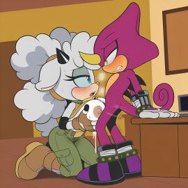 ai_generated arm_support blush chameleon cum desk dominant_female espio_the_chameleon gritted_teeth hands_on_own_breasts lanolin_the_sheep lidded_eyes novelai paizuri raised_shirt sheep simple_background sonic_(series) submissive_male sweat wet_patch