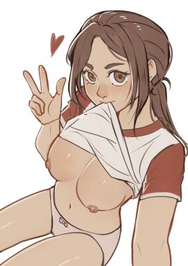 1girls 2d 2d_(artwork) aged_up alternate_universe attack_on_titan belly biting_shirt breasts breasts_out brown-eyed_female brown-haired_female exposed exposed_breasts female female_torso flashing gabi_braun grown_up lifting_shirt long_hair looking_at_viewer maryd13 modern_au navel no_bra panties peace_sign pink_panties ponytail pose presenting presenting_breasts selfie selfie_pose shingeki_no_kyojin shirt shirt_in_mouth shirt_lift shirt_up showing_breasts showing_tits sitting slim_waist solo solo_female straight_hair teenage_female teenager thick_eyebrows thighs tied_hair time_skip underwear white_background wide_hips younger_female