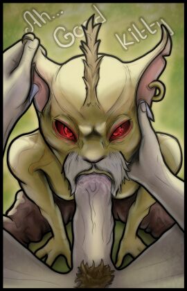 2boys anthro bodily_fluids bounty_hunter_(gondar) dialogue dota dota_2 ear_piercing ear_ring facial_hair fellatio hi_res male male_only mammal moustache oral penile penis piercing pubic_hair red_eyes ring_piercing saintmarmo saliva sex sitting yaoi