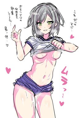 cum green_eyes grey_hair hinomori_shiho looking_at_viewer project_sekai shirt_lift sweat