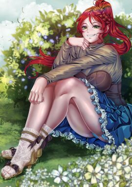 1girls bush clouds female female_only flower flowers grass green_eyes heels high_heels lace_socks legs liilica outdoors panties panties_peek pattern_socks patterned_clothing pyrrha_nikos red_hair rwby sky smile socks solo toenails toes transparent_socks wind