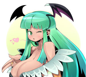 aqua_eyes aqua_hair big_breasts breasts capcom cleavage darkstalkers demon dorago_dorago dragodragodran female huge_breasts large_breasts long_hair looking_at_viewer milf morrigan_aensland skimpy_clothes smile solo succubus tagme wings
