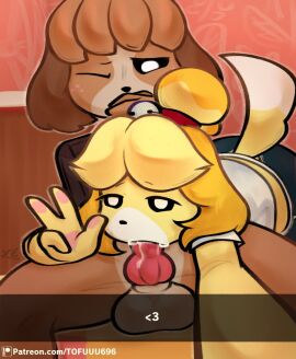 animal_crossing animal_genitalia animal_penis anthro blonde_hair bodily_fluids brother brother_and_sister brown_body brown_fur brown_hair canid canine canine_genitalia canine_penis canis caption cum cum_in_mouth cum_inside deepthroat digby_(animal_crossing) domestic_dog duo erection fellatio female freckles fur furry genital_fluids genitals hair incest isabelle_(animal_crossing) looking_at_viewer male male/female mammal nintendo one_eye_closed oral penile penis sex shih_tzu sibling sister smile snapchat tail tofuuu toy_dog yellow_body yellow_fur