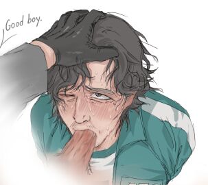 blowjob blush dominant face_closeup hwang_in-ho male male_only older_male seong_gi-hun squid_game sweat