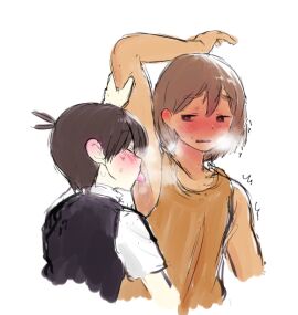 2boys arm_up armpit_fetish armpit_licking armpits artist_request black_hair black_sweater_vest blush brown_hair closed_eyes gay hand_on_arm jersey kel_(omori) licking_armpit light_skin looking_at_another male male_only omori orange_topwear steam steamy_breath sunny_(omori) sweat sweater_vest sweating tan_body tongue undershirt unknown_artist white_shirt yaoi