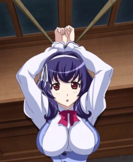 1girls big_breasts blue_hair breasts female female_only hoods_entertainment huge_breasts looking_at_viewer red_eyes screenshot seikon_no_qwaser solo solo_female stitched yamanobe_tomo