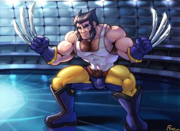 abs armpit_hair bara beard bulge claws clothing flaccid logan_(x-men) male male_nipples male_only marvel marvel_comics muscular muscular_male nipples pecs penis rho_art solo solo_male tight_clothing wolverine_(x-men) x-men yaoi