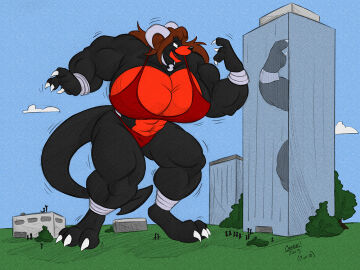 abs biceps breasts brown_hair cooner female giantess hair horns houndoom hyper long_hair muscles muscular muscular_arms muscular_female muscular_legs muscular_thighs pecs pokemon