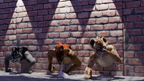 anthro bodily_fluids brown_body canid canine canis cum cum_inside fox_the_hyena genital_fluids grey_body group hi_res hyena inflation kusa male male_only mammal predator/prey stuck trio wall_(structure) wolf