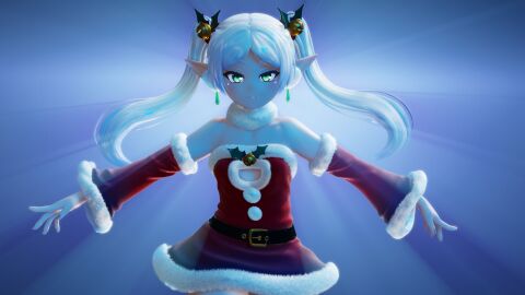 1girls 3d 3d_model christmas detached_sleeves elf elf_ears elf_female elf_girl female female_focus female_only frieren frieren_beyond_journey's_end green_eyes light-skinned_female light_skin mantis_x pale pale-skinned_female pale_skin pointy_ears santa_costume santa_dress sousou_no_frieren tagme