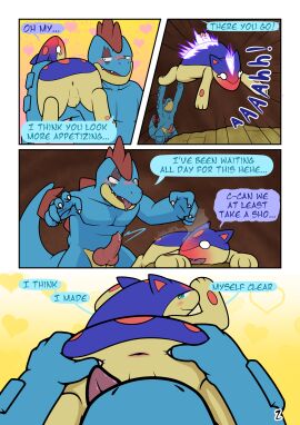 2025 4_panel_comic 5_fingers animal_genitalia animal_penis anthro anthro_on_anthro anus ass backsack balls bed biped blue_body blue_fur blue_skin blush blushing_profusely bodily_fluids border claws comic crocodilian crocodilian_penis dialogue digital_drawing_(artwork) digital_media_(artwork) dripping duo ellipsis english_text erection exclamation_point eye_scar facial_scar feral feraligatr ferzdracroc finger_claws fingers fire fur furniture generation_2_pokemon genital_fluids genital_slit genitals green_eyes hagure_(ferzdracroc) heart_symbol hi_res high-angle_view imminent_oral imminent_rimming interspecies looking_at_another looking_at_viewer looking_back looking_back_at_another looking_back_at_viewer lorel_(ferzdracroc) male male/male nintendo nude open_mouth page_number penis perineum pink_anus pink_penis pokemon pokemon_(species) pokemon_mystery_dungeon precum precum_drip quilava rear_view reptile scalie scar screaming size_difference spike_chunsoft spread_anus spread_butt spreading standing steam surprised tail tan_body tan_fur tan_perineum teeth text thrown_onto_bed tongue tongue_out white_border