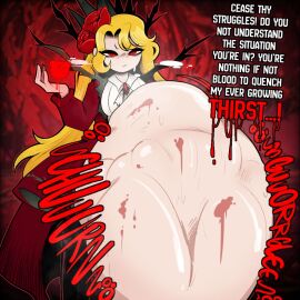 1girls belly belly_overhang blonde_hair blood_stain boots bulging_belly dialogue digestion don_quixote_(limbus_company) e.g.o_(project_moon) english_text female female_focus female_only hyper_belly light-skinned_female light_skin limbus_company long_hair prey_outline project_moon red_eyes rose same_size_vore sancho_(limbus_company) solo struggling struggling_prey thigh_boots thorns tuppenjskewer very_long_hair vore