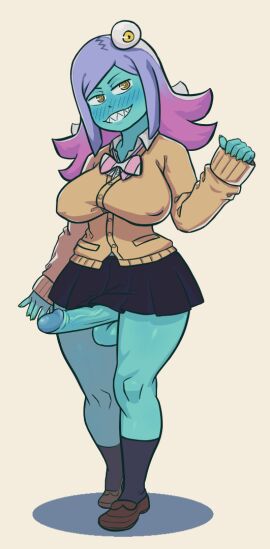 1futa balls big_breasts big_nipples big_penis blue_hair blue_skin bottomless breasts chameleon-san clothed clothing cum erection full_body futa_only futanari humanoid humanoid_penis intersex long_hair midori_(space_patrol_luluco) mostly_clothed penis purple_hair school_uniform shiny_skin skirt solo space_patrol_luluco spread_legs standing topless two-tone_hair