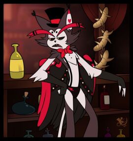 1boy anthro bar bar_(place) barely_clothed bartender beverage black_sclera bowtie cat_boy cat_ears cat_tail catboy cheek_tuft chest_tuft claws demon demon_boy domestic_cat eyebrows felid feline fur furry hat hazbin_hotel husk_(hazbin_hotel) long_eyebrows male neckwear red_bowtie red_eyebrows sharp_teeth solo_male suspenders tail top_hat underwear winged_cat winged_humanoid wings yellow_eyes yellow_teeth
