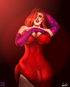 alejanninja artist_name artist_request big_breasts big_butt big_lips big_thighs breasts bulge bulge_through_clothing curvy curvy_body curvy_figure curvy_hips drees female freckles futa_only futanari ginger ginger_hair hips hips_wider_than_shoulders intersex jessica_rabbit nude nude_female red_dress red_hair red_lipstick seductive seductive_look seductive_pose who_framed_roger_rabbit