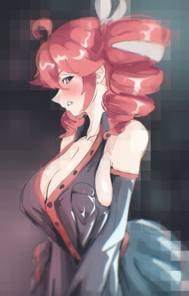 1girls 2d 2d_(artwork) ahoge annoyed annoyed_expression barely_contained big_breasts blurry_background blush blushing_profusely breasts breasts_focus cleavage clothed clothed_female clothing detached_sleeves female female_only fully_clothed hair_ornament hairbow huge_breasts kasane_teto kasane_teto_(sv) large_breasts looking_to_the_side mandragora_(artist) nipple_bulge no_bra plump plump_breasts red_eyes red_hair side_view sideboob skirt solo solo_female synthesizer_v twin_drills utau