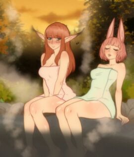 2girls animal_ears atlus biisutaa blush catherina_(metaphor:_refantazio) eiselin_hulkenberg female female_only hot_spring long_hair metaphor:_refantazio onsen pink_hair pointy_ears red_hair towel