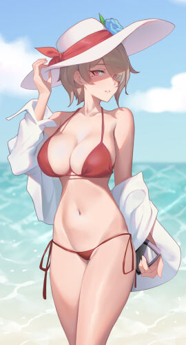 1girls beach bikini blue_sky breasts brown_hair cleavage cloud collarbone day derivative_work female flower hair_over_one_eye hat hat_flower highres holding honkai_(series) honkai_impact_3rd large_breasts looking_at_viewer mole mole_under_eye navel ocean off_shoulder outdoors red_bikini rita_rossweisse ruo_zhishi_chu_jian short_hair sky solo standing stomach sun_hat swimsuit