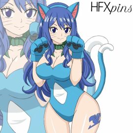 blue-haired_female blue_hair blue_tattoo cat_ears cat_tail cosplay fairy_tail fairy_tail_mark female happy_(fairy_tail)_(cosplay) hfxpins juvia_lockser leg_tattoo neko tattoo