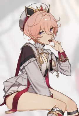 boy cute dahlia_(genshin_impact) fang femboy feminine_male genshin_impact girly hat hoyoverse male male_only mihoyo not_porn pink_hair purple_eyes tagme thigh_strap thighs tongue tongue_out twink