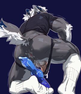 anal_juice anthro anus backsack balls ballsack biceps black_body black_clothing black_shirt black_topwear bodily_fluids canid canine canis clothing cum cum_drip cum_in_clothing cum_in_underwear cum_through_clothing cum_through_underwear dildo dripping footwear genital_fluids genitals hair half-erect hi_res humanoid_genitalia humanoid_penis jockstrap kneeling maiyabuhantang male male_only mammal on_one_knee penis quads rear_view sex_toy shirt simple_background socks solo t-shirt topwear underwear wet wet_clothing wet_underwear white_clothing white_footwear white_hair white_socks wolf