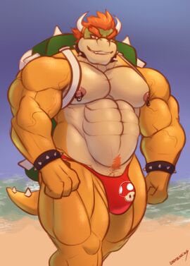 2024 abs anthro areola backpack bara beach bedroom_eyes biceps big_muscles body_hair bowser bracelet bulge clothed clothing collar darkbearcave day deltoids eyebrows gay genitals hair happy_trail hi_res horn huge_arms huge_muscles huge_thighs jewelry koopa looking_at_viewer male mario_(series) masculine_male muscles muscular muscular_anthro muscular_male narrowed_eyes navel nintendo nipple_piercing nipple_ring nipples non-mammal_nipples outside pecs penis penis_base piercing pubes quads ring_piercing sand scalie seductive serratus signature sky smile solo speedo spiked_bracelet spiked_collar spiked_tail spikes spikes_(anatomy) standing swimwear tail thick_arms thick_thighs topless topless_anthro topless_male triceps vein veiny_muscles water yaoi