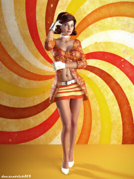 1960s 3d 60s belt big_breasts breasts brown_hair cate_archer choker cleavage_cutout duesentrieb earrings female gloves headband heels makeup miniskirt no_one_lives_forever secret_agent short_hair skirt solo_female spy