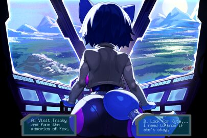 3:2 anthro anus_outline anus_through_clothes anus_visible_through_clothes arwing ass belt big_ass big_butt biped blue_body blue_hair breasts bubble_ass bubble_butt butt camel_toe camel_toe_from_behind cameltoe cameltoe_from_behind canid canine chilllum choice choice_question clothing crown dinosaur_planet english_text fat_ass female female_anthro flying fox glowing glowing_eyes hair headgear hi_res honi_do jacket krystal krystal_(star_fox) landscape mammal mountain nice_ass nintendo phat_ass pilot planet pussy pussy_visible_through_bodysuit pussy_visible_through_clothes rareware rear_view sky skyscape solo spacecraft spacesuit spankable_ass spreading star_fox story temple text tiara tight_bodysuit tight_clothing topwear vehicle