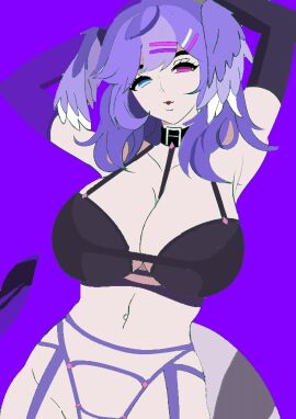 big_breasts breasts colored female heterochromia large_breasts lingerie nijisanji nijisanji_en pinup purple_hair selen_tatsuki stevechopz tail virtual_youtuber vtuber