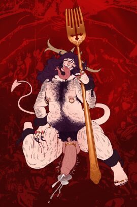 accessory alternate_species ankle_cuffs bodily_fluids body_hair bridge_piercing chest_hair cock_ring collar collarbone_piercing cuff_(restraint) curved_horn cutlery demon demon_humanoid digit_ring dripping eye_bags facial_hair facial_piercing fangs feet fork forked_tongue genital_fluids genital_piercing genitals gold_rings hair half-closed_eyes happy_trail hi_res horn humanoid jewelry kitchen_utensils kneeling long_tongue male narrowed_eyes nipple_piercing nipple_ring nipples nose_piercing nose_ring overweight penis penis_accessory penis_jewelry penis_piercing piercing precum precum_drip precum_string pubes purple_hair red_background restraints ring ring_piercing scratches sideburns simple_background slightly_chubby slightly_chubby_humanoid slightly_chubby_male spade_tail tail talons teeth toe_ring toes tongue tongue_out tongue_piercing tongue_ring tools wonderslug_(artist) wrist_cuffs