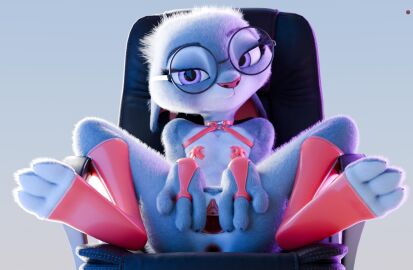 3_toes 3d 4_fingers anthro anus bedroom_eyes breasts chair circular_glasses clothing collar digital_media_(artwork) disney eyewear feet female fingers fur furniture genitals glasses grey_body grey_fur handwear hi_res humanoid judy_hopps lagomorph latex latex_clothing latex_collar latex_legwear latex_stockings legwear leporid looking_at_viewer mammal narrowed_eyes nipple_tape office_chair on_chair pasties pochemu presenting presenting_pussy purple_eyes pussy rabbit seductive simple_background sitting sitting_on_chair small_breasts solo spread_pussy spreading stockings tape toes urethra white_body white_fur zootopia