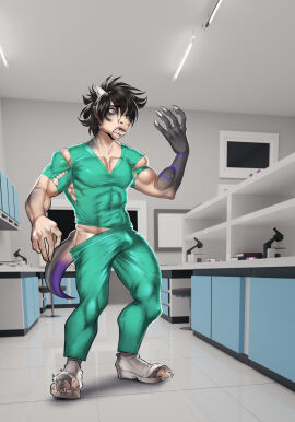 4_toes 5_fingers abs big_muscles black_body black_hair black_scales blue_eyes body_part_growth bottomwear bulge claw_growth claws clenched_teeth clothing dragon erection erection_under_clothing feet fingers foot_transformation footwear furniture genitals growth hair hi_res horn horn_growth human human_to_anthro inside laboratory laboratory_equipment looking_surprised lordburqan male male_focus male_only mammal medical microscope mid-transformation muscle_growth muscles muscular muscular_male mythological_creature mythological_scalie mythology nurse nurse_clothing pants pecs penis plantigrade_to_digitigrade purple_body purple_skin purple_stripes scale_growth scales scalie scientific_instrument scrubs serratus sharp_teeth shirt shoe_burst shoes snout snout_growth socks solo species_transformation standing stool stripes tail tail_growth teeth tero_neit tight_clothing toe_claws toes topwear torn_bottomwear torn_clothing torn_footwear torn_pants torn_shirt torn_shoes torn_socks torn_topwear transformation