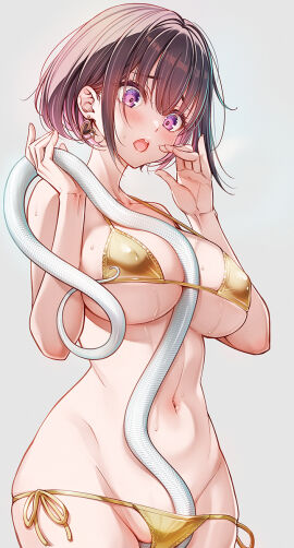 animal bikini bob_cut breasts brown_hair chinese_zodiac commentary_request covered_nipples earrings female gold_bikini happy_new_year heart heart_earrings highres holding holding_animal holding_snake ikeda_yasuhiro jewelry large_breasts navel original purple_eyes pussy pussy_juice short_hair side-tie_bikini_bottom simple_background snake sweat swimsuit thighs white_background year_of_the_snake zoophilia