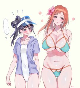 2girls arms_behind_back ass_visible_through_thighs bare_belly bare_legs bare_thighs belly_button bikini black_hair bleach blue_eyes blush breast_envy breasts brown_eyes cleavage closed_mouth collarbone female flower_in_hair groin hat huge_breasts inoue_orihime kuchiki_rukia long_hair multiple_females multiple_girls okihana one-piece_swimsuit orange_hair parted_lips shiny_skin short_sleeves sideboob small_breasts smile swimsuit swimsuit_under_clothes thighs underboob