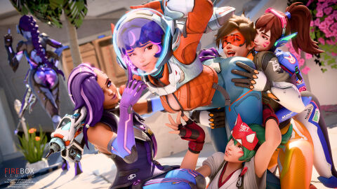 3d 6girls ass braid braided_hair braided_ponytail breasts clothed clothed_female clothing d.va d.va_(overwatch_2_suit) female female_only fireboxstudio green_hair juno_(overwatch) kiriko_(overwatch) long_hair middle_finger multicolored_hair multiple_females multiple_girls overwatch overwatch_2 ponytail purple_hair red_eyes short_hair sombra sombra_(overwatch_2_suit) tagme tinted_eyewear tracer tracer_(overwatch_2_suit) two-tone_hair very_short_hair visor widowmaker widowmaker_(overwatch_2_suit) yuri