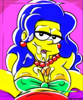 bart_simpson blowjob blue_hair breasts female hair_down incest marge_simpson mother_and_son rage_grenade the_simpsons titjob vhs_filter
